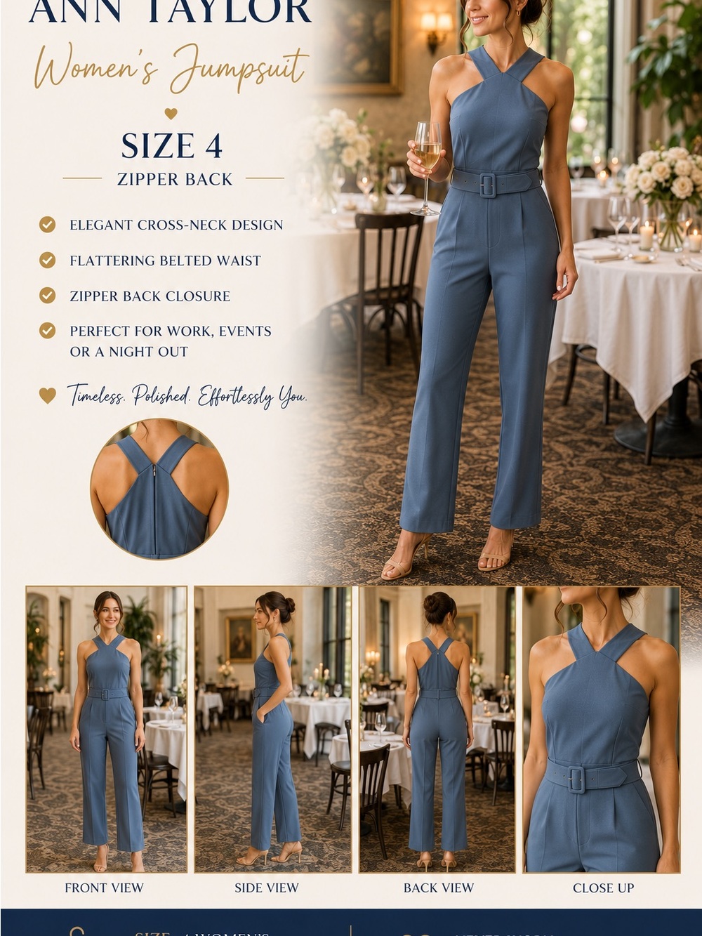 Ann Taylor Slate Blue Cross-Neck Belted Jumpsuit